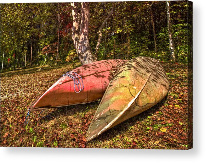 Fine Acrylic Print featuring the photograph Autumn Canoes by Debra and Dave Vanderlaan