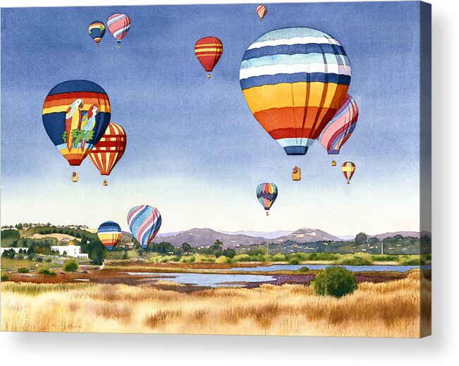 Encinitas Acrylic Print featuring the painting Balloons over San Elijo Lagoon Encinitas by Mary Helmreich