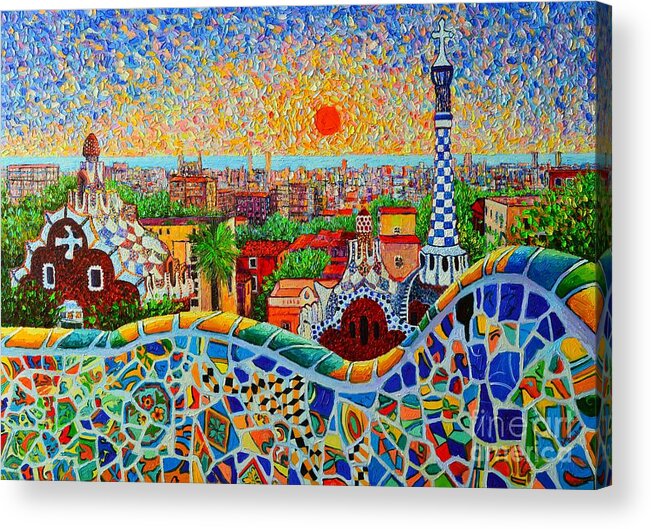 Barcelona Acrylic Print featuring the painting Barcelona View At Sunrise - Park Guell Of Gaudi by Ana Maria Edulescu