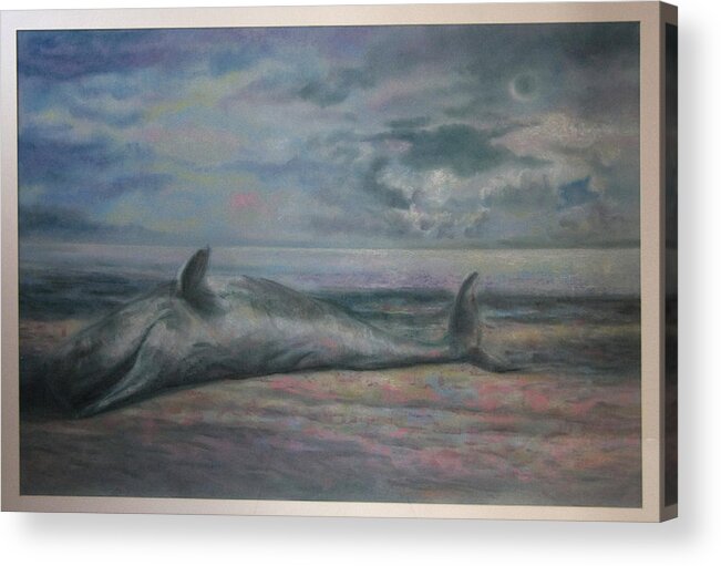 Landscape- Whale- Moon - Imaginary Landscape - Pastel Acrylic Print featuring the drawing Beached Whale by Paez Antonio