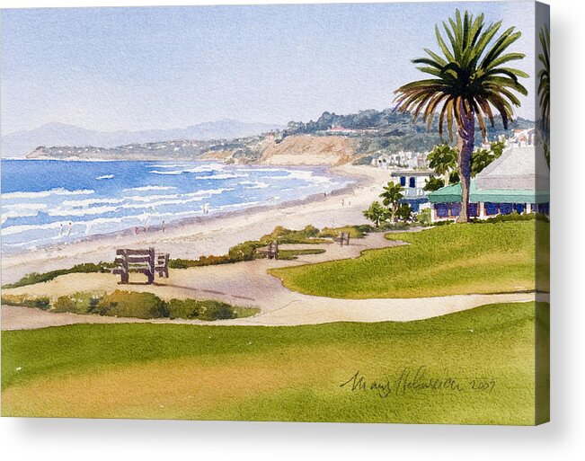 Pacific Acrylic Print featuring the painting Bench at Powerhouse Beach Del Mar by Mary Helmreich