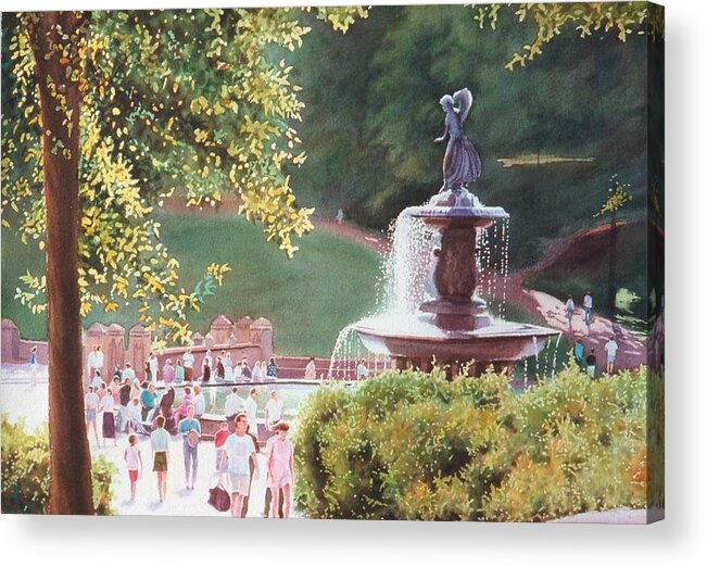 Watercolor Acrylic Print featuring the painting Bethesda Fountain by Daniel Dayley