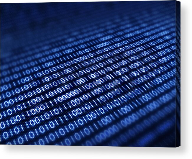 Blue Acrylic Print featuring the photograph Binary code on pixellated screen by Johan Swanepoel