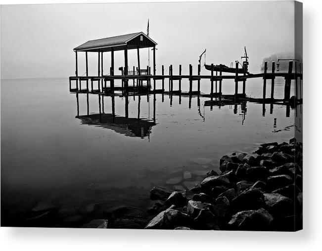 Boat Acrylic Print featuring the photograph Boat house in fog. Potomac River by Bill Jonscher