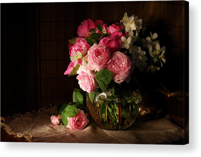 Still Life Flower Rose Jasmine Dark Tree Spring Ray Napkin Fresh Cut Botany Nature Garden Fragrance Acrylic Print featuring the photograph Bouquet of roses and jasmine by Anna Aybetova