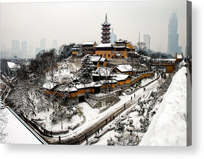 China Acrylic Print featuring the photograph Buddha - Jiming Temple in the Snow - colour version by Dean Harte