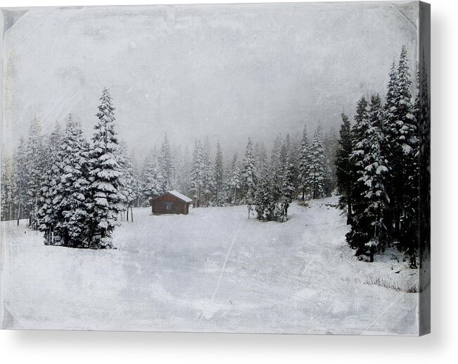 Snow Acrylic Print featuring the photograph Cabin in the Woods-textured by Marilyn Wilson