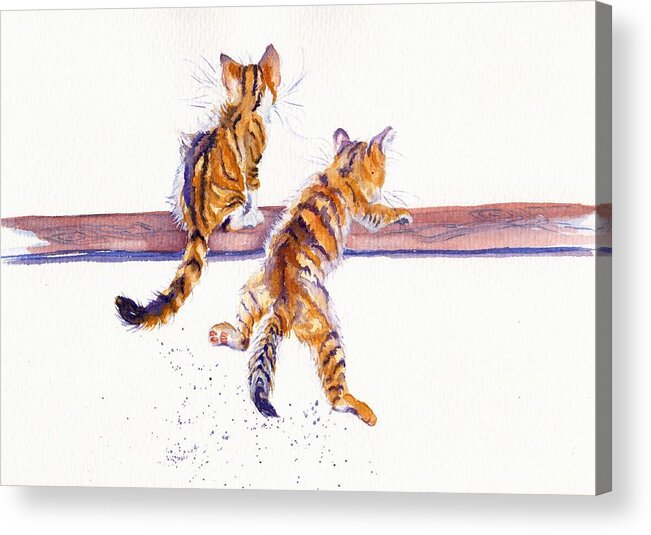 Kittens Acrylic Print featuring the painting Cat-astrophe - two naughty kittens by Debra Hall