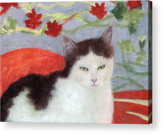 Cat With Floral Kimono Acrylic Print featuring the painting Cat with Floral Kimono by Kazumi Whitemoon