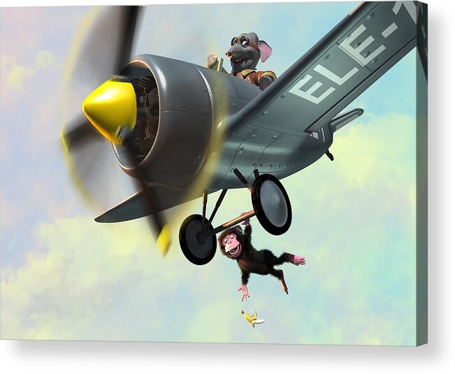 Plane Acrylic Print featuring the painting Cheeky Monkey Hanging From Plane by Martin Davey