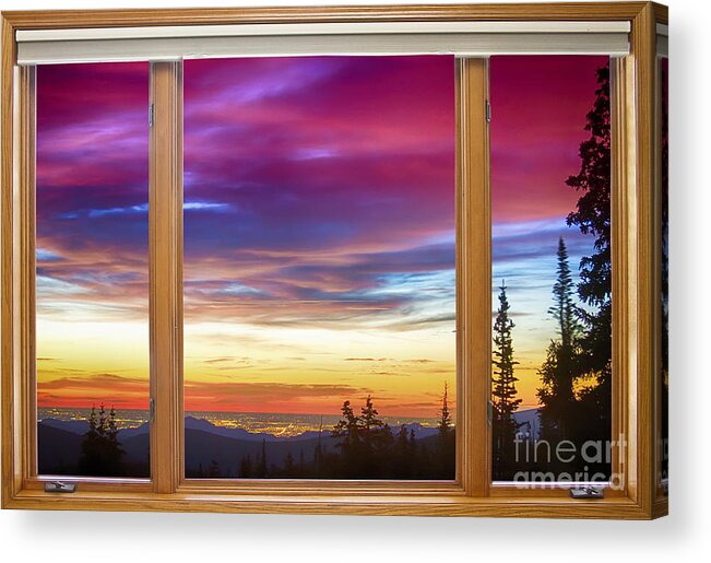 Windows Acrylic Print featuring the photograph City Lights Sunrise Classic Wood Window View by James BO Insogna