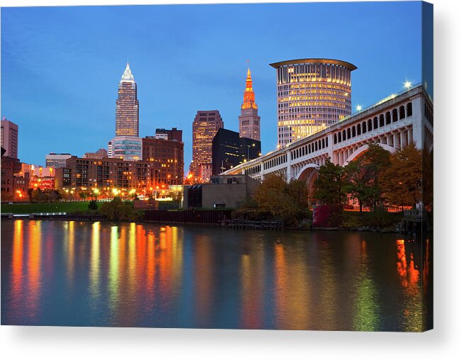 Downtown District Acrylic Print featuring the photograph Cleveland Skyline, River, And Bridge At by Davel5957