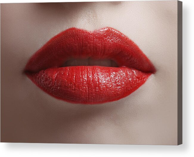 People Acrylic Print featuring the photograph Close up of bright red shiny lips by Paper Boat Creative