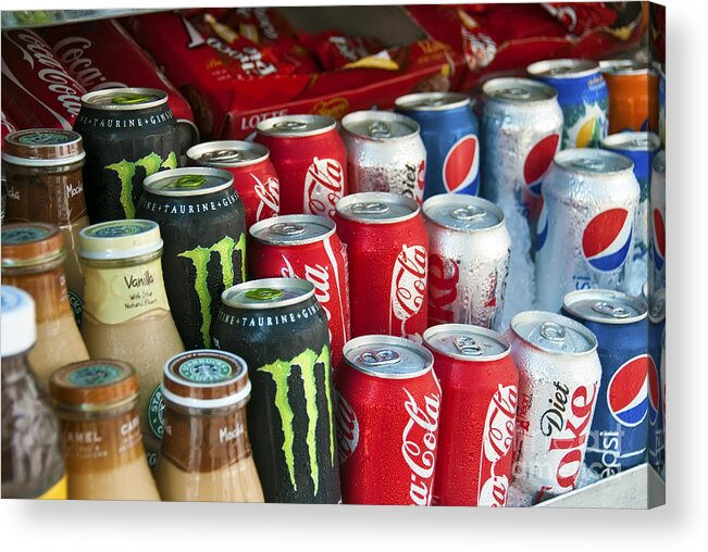 Cold Energy Coffee And Soft Drink Display  Acrylic Print featuring the photograph Cold Energy Coffee and Soft Drink display  by David Zanzinger