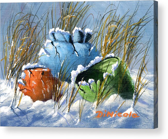 Colored Pots Snow Miniature Weeds Drifted Cracked Shadows Winter Acrylic Print featuring the painting Colored Pots Miniature by Anthony DiNicola