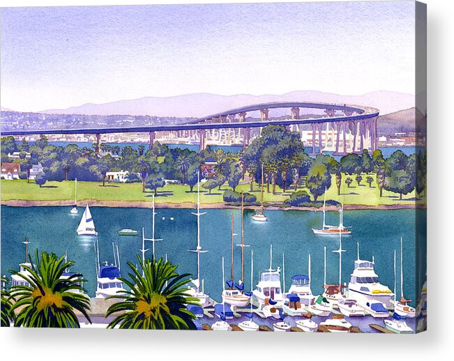 San Diego Acrylic Print featuring the painting Coronado Bay Bridge by Mary Helmreich