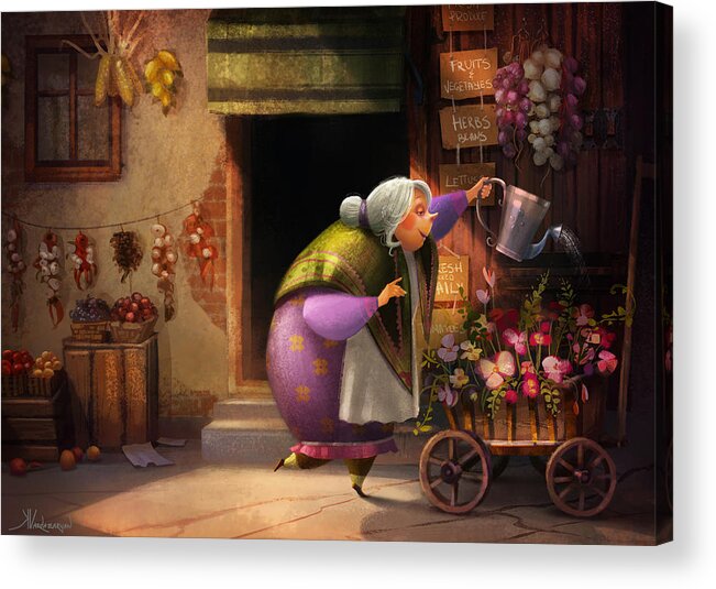 Flower Shop Acrylic Print featuring the painting Cute Village Flower Shop by Kristina Vardazaryan