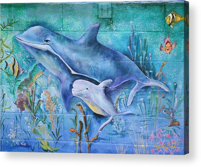Under Water Acrylic Print featuring the painting Dolphins by Virginia Bond