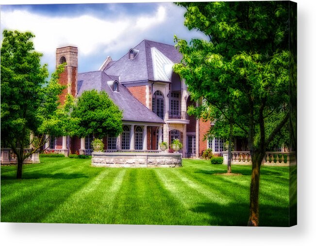 Donamire Horse Farm. Mansion. Home. House. Brick Home. Architecture. Trees. Landscape. Lawn. Grass. Fence. Stone Fence. Flowers. Shrubs. Cloudy Skies. Fireplace. Photography. Digital Art. Print. Canvas. Nature. Wildlife. Acrylic Print featuring the photograph Donamire Farms by Mary Timman