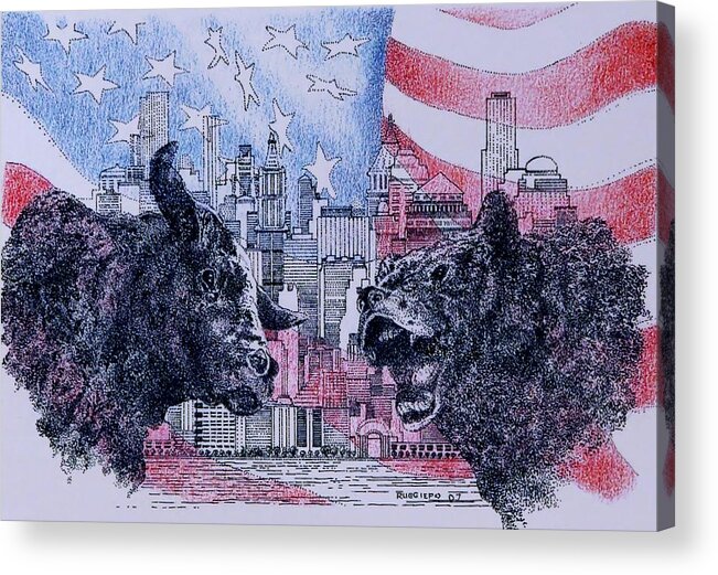 Wall Street Acrylic Print featuring the drawing Downtown by Tony Ruggiero