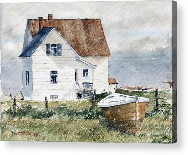 A Sunlit Country House With And A Small Stored Boat On The Banks Of The St. Lawrence River In Canada . Acrylic Print featuring the painting Morning Sunlight by Monte Toon
