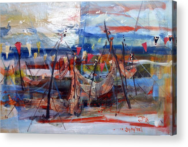 Seascape Fishing Abstract Acrylic Print featuring the painting Drying nets the Broch by Tom Smith