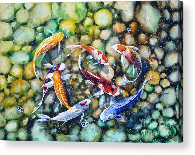 Koi Acrylic Print featuring the painting Eight Koi Fish Playing with Bubbles by Zaira Dzhaubaeva