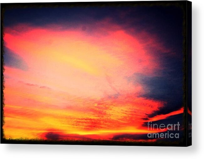 Sky Scene Electric Colors In The Sky Golden Blood Orange Dark Indigo Blue In Background In The Sky Photograh Spiritual Religious Themed Perfect For Background Design For A Christian Rock Band Or Christian Products Angel Photographs Acrylic Print featuring the photograph Electric Angel Playing a Harp in the Sky by Kimberlee Baxter