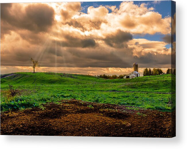 Field Acrylic Print featuring the photograph Farm under retreating storm by Chris Bordeleau