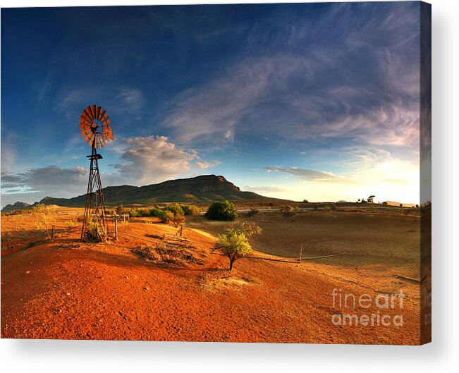 First Light Early Morning Windmill Dam Rawnsley Bluff Wilpena Pound Flinders Ranges South Australia Australian Landscape Landscapes Outback Red Earth Blue Sky Dry Arid Harsh Acrylic Print featuring the photograph First Light on Wilpena Pound by Bill Robinson