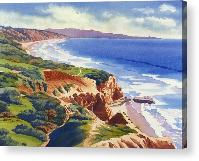 Rock Acrylic Print featuring the painting Flat Rock and Bluffs at Torrey Pines by Mary Helmreich
