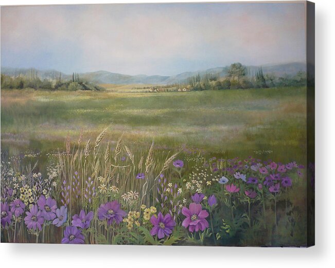 Landscape Acrylic Print featuring the painting Flower Field by Caroline Philp
