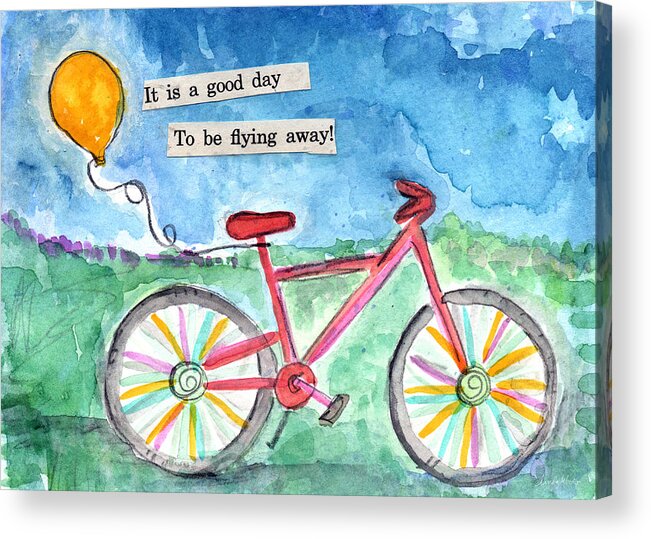 Bike Acrylic Print featuring the painting Flying Away- bicycle and balloon painting by Linda Woods