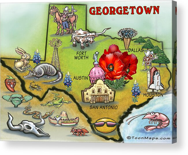 Georgetown Acrylic Print featuring the painting Georgetown Texas Cartoon Map by Kevin Middleton