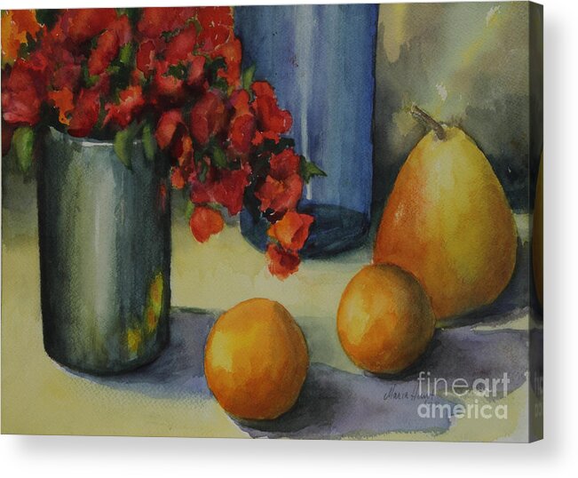 Pewter Vase Acrylic Print featuring the photograph Geraniums with Pear and Oranges by Maria Hunt