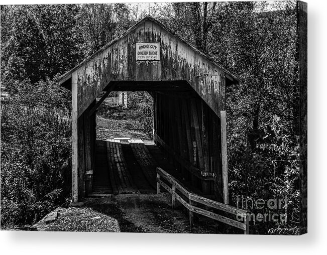 Architecture Acrylic Print featuring the photograph Grange City Covered Bridge - BW by Mary Carol Story