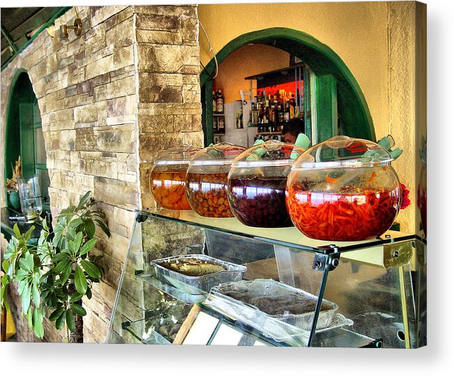 Olives Acrylic Print featuring the photograph Greek Isle Restaurant Still Life by Mitchell R Grosky