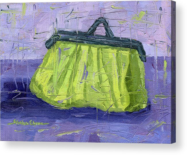 Green And Purple Purse Acrylic Print featuring the painting Green and Purple Purse Party by Shalece Elynne