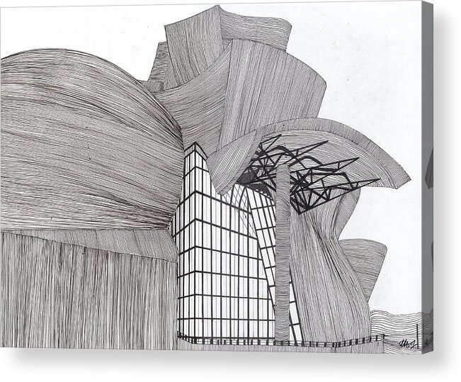 Guggenheim Acrylic Print featuring the drawing Guggenheim-Bilbao by Laura Hol Art