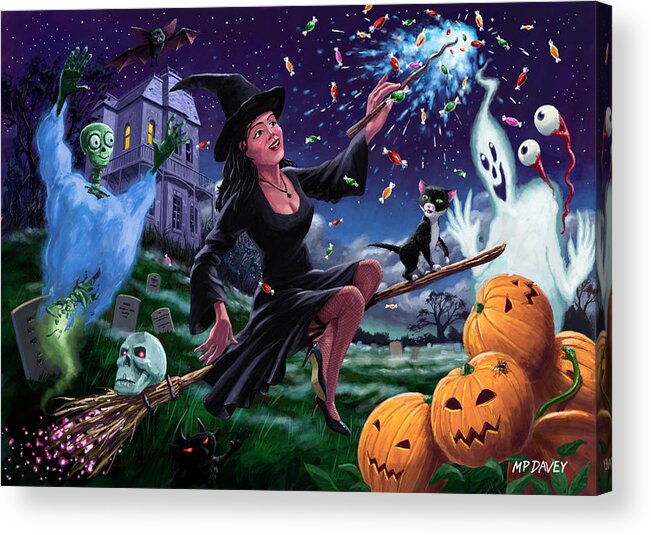 Halloween Acrylic Print featuring the painting Happy Halloween Witch with graveyard friends by Martin Davey