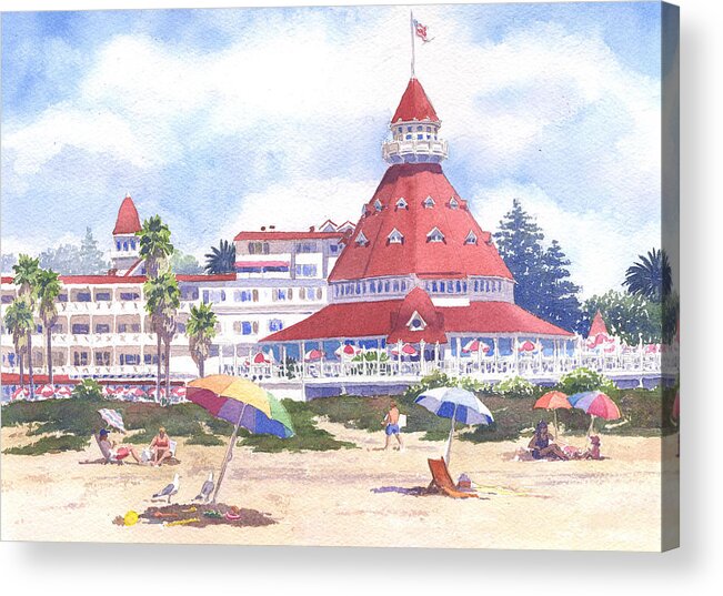 Pacific Acrylic Print featuring the painting Hotel Del Coronado Beach by Mary Helmreich