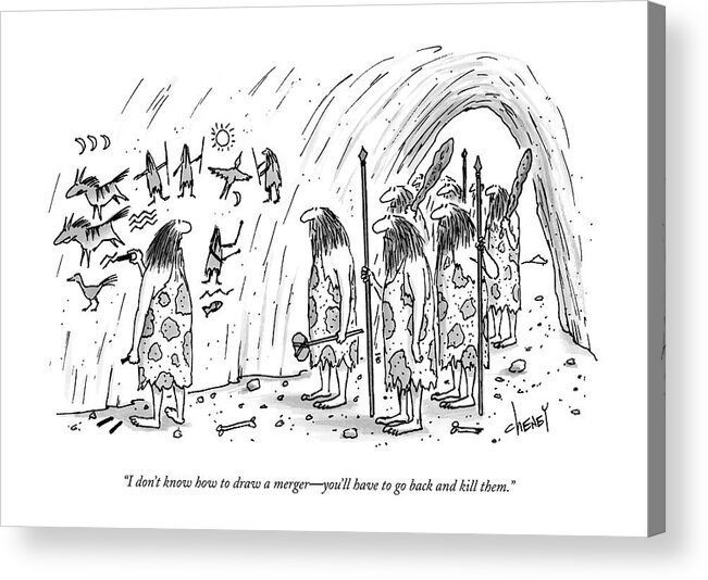 Cavemen Acrylic Print featuring the drawing I Don't Know How To Draw A Merger - You'll by Tom Cheney