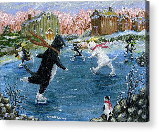 Black And White Cats Acrylic Print featuring the painting Ice Skating on the Lake by Jacquelin L Westerman