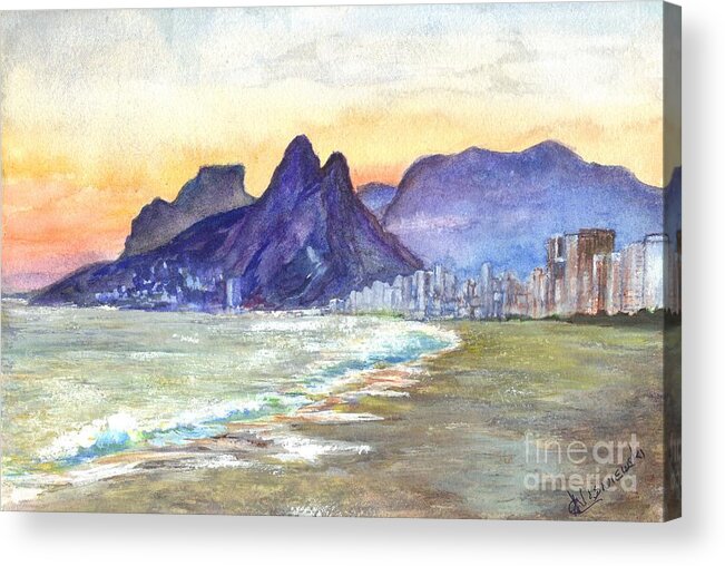 Beach Acrylic Print featuring the painting Sugarloaf Mountain and Ipanema Beach at Sunset Rio DeJaneiro Brazil by Carol Wisniewski