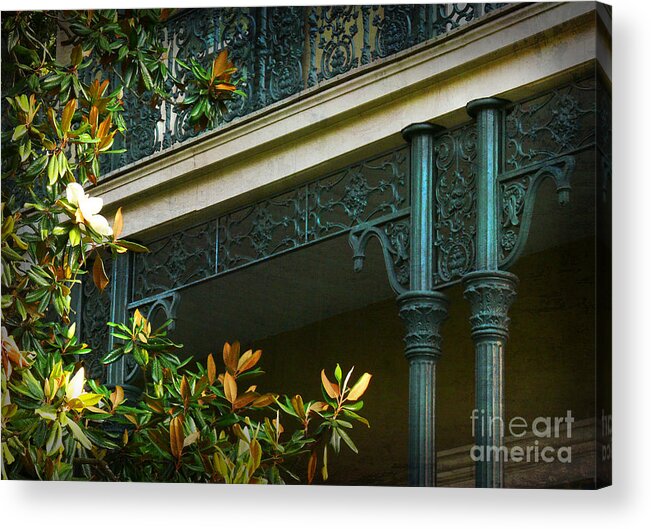 New Orleans Acrylic Print featuring the photograph Iron Detail with Magnolia Tree by Jeanne Woods