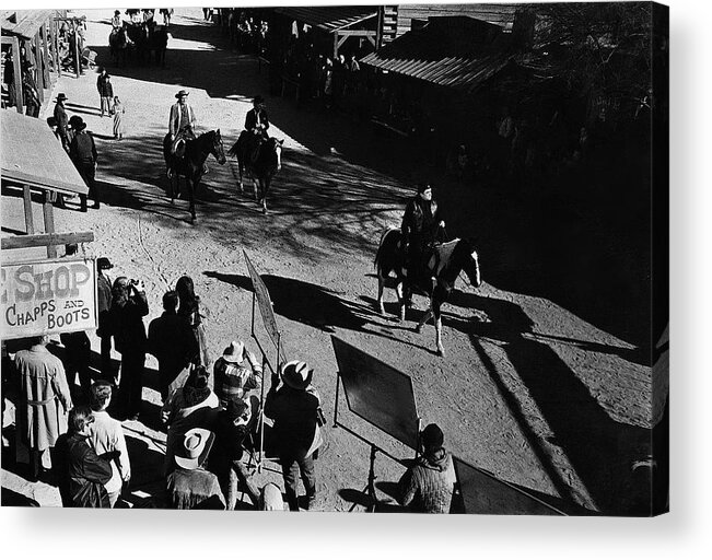 Johnny Cash Riding Horse Filming Promo Main Street Old Tucson Az A Gunfight Kirk Douglas A Boy Named Sue San Quentin Prison Concert Recorded By Granada Television Great Britain Acrylic Print featuring the photograph Johnny Cash riding horse filming promo main street Old Tucson Arizona 1971 by David Lee Guss