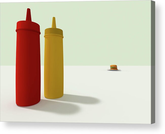 Unhealthy Eating Acrylic Print featuring the digital art Ketchup And Mustard And A Hamburger by Yagi Studio