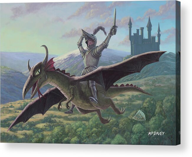 Knight Acrylic Print featuring the painting Knight Riding On Flying Dragon by Martin Davey