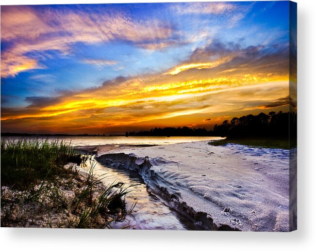 Beautiful-beach Acrylic Print featuring the photograph Landscape Beach Sunset-Golden Sun Rays-Stream to the Sea by Eszra