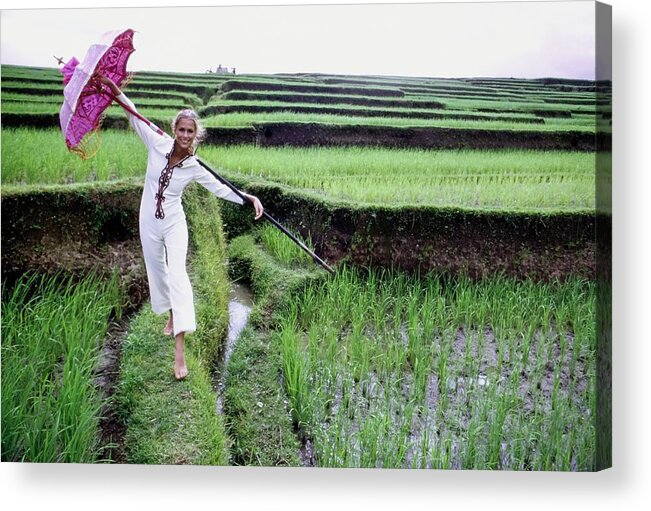 Fashion Acrylic Print featuring the photograph Lauren Hutton Holding A Parasol by Arnaud de Rosnay